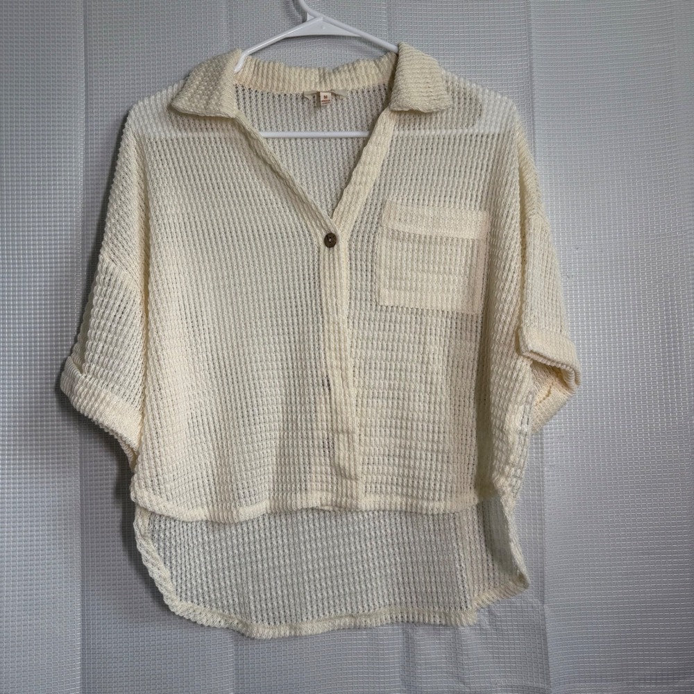 Peach Button Down Shirt Cream Open Knit Cropped High Low Boho Top M